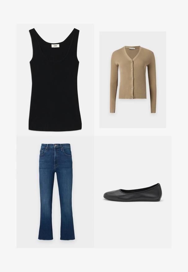 Beige geribbelde gebreide cardigan met V-hals, lange mouwen en vijf knopen aan de voorkant.; Zwarte tanktop van zacht materiaal met een ronde halslijn en brede schouderbanden. Heeft een getailleerde pasvorm en een schoon, naadloos ontwerp.; Blauwe jeans met hoge taille en uitlopende pijpen, voorzien van een knoop- en ritssluiting aan de voorkant en een vijfzakkenmodel, getoond tegen een effen achtergrond.; Zwarte leren ballerina met een ronde neus, gladde textuur, minimale stikdetails en een flexibele zoolontwerp.