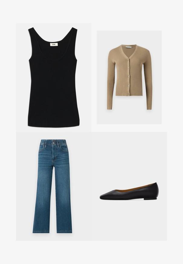 Cárdigan de punto beige acanalado con escote en V, mangas largas y cinco botones delanteros.; Tirante negro hecho de una tela suave con un escote redondeado y tirantes anchos. Presenta una forma ajustada y un diseño limpio y sin costuras.; Vaqueros de mezclilla azul de cintura alta y pierna ancha, con bolsillos delanteros, trabillas para cinturón y cierre de doble botón.; Zapato plano de punta puntiaguda de cuero negro con tacón bajo y acabado liso, mostrado de perfil sobre un fondo gris claro.