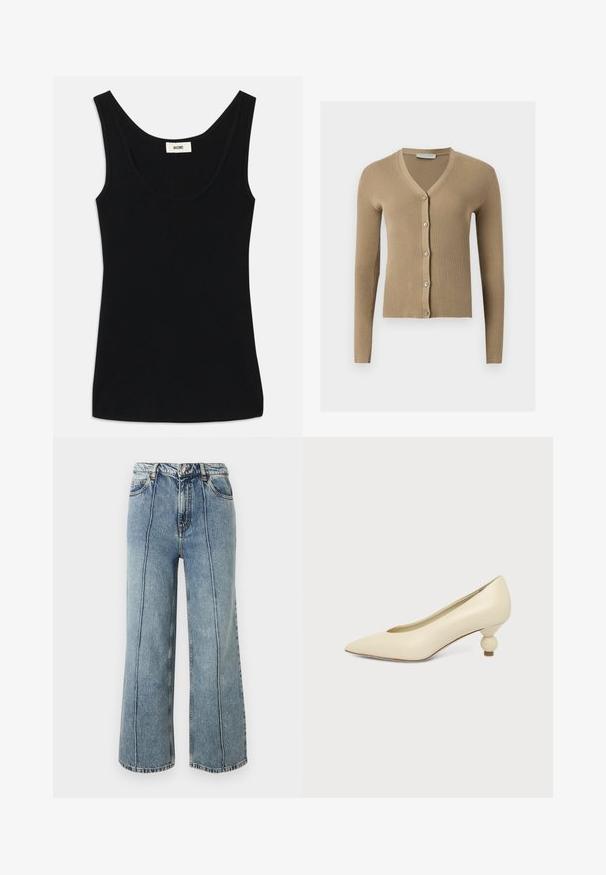 Beige geribbelde gebreide cardigan met V-hals, lange mouwen en vijf knopen aan de voorkant.; Zwarte tanktop van zacht materiaal met een ronde halslijn en brede schouderbanden. Heeft een getailleerde pasvorm en een schoon, naadloos ontwerp.; Blauwe denim spijkerbroek met hoge taille en wijde pijpen, voorzijde met knoopsluiting en ritssluiting, zijzakken en zichtbare verticale naden op elke pijp.; Dames schoen in roomkleur met een puntige neus en een lage, ronde balvormige hak op een effen achtergrond.