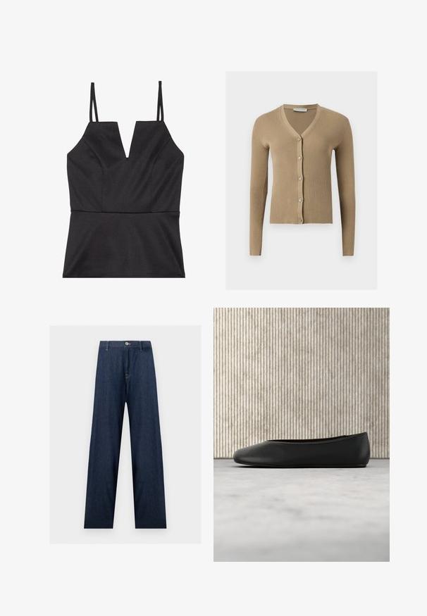 Beige ribstrikket cardigan med V-hals, lange ærmer og fem knapper foran.; Sort ærmeløs top med V-udskæring, der har en tætsiddende liv, glat tekstur og tynde justerbare stropper.; Mørkeblå vidde cowboybukser med knap- og lynlåslukning, bæltestropper og synlige syninger på lommer og sømme.; Sorte læder balletflade med en rund tå, glat tekstur og en gulds logoaccent på siden. Placeret over en reflekterende overflade.