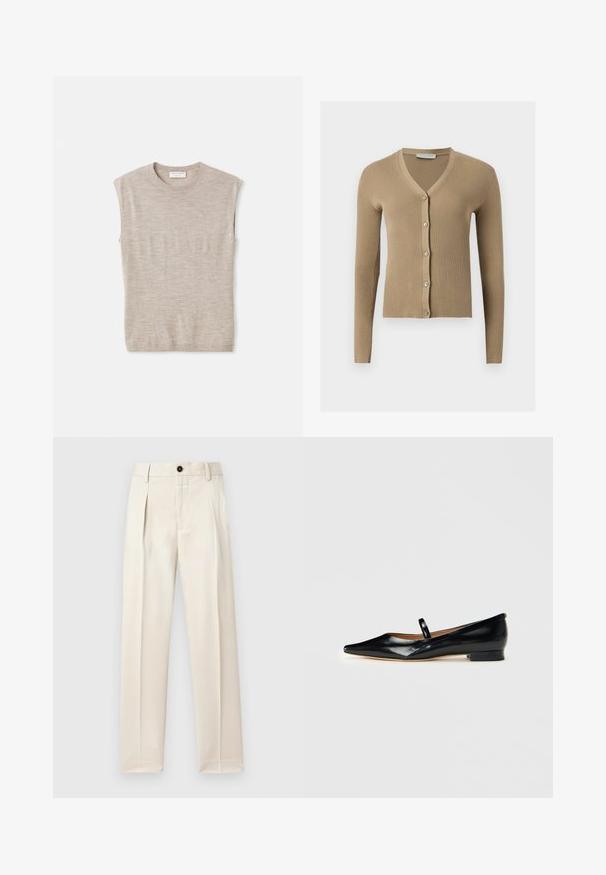 Beige ribstrikket cardigan med V-hals, lange ærmer og fem knapper foran.; Lys beige ærmeløs top lavet af blødt materiale, med rund hals, rene linjer og en let løs pasform. Minimalistisk design.; Beige bukser lavet af et let stof med en foldet front, enkelt knaplukning og lige ben. Glat tekstur.; Sorte patenterede læder Mary Jane flade sko med spids tå, én rem og lav hæl på ensfarvet baggrund.
