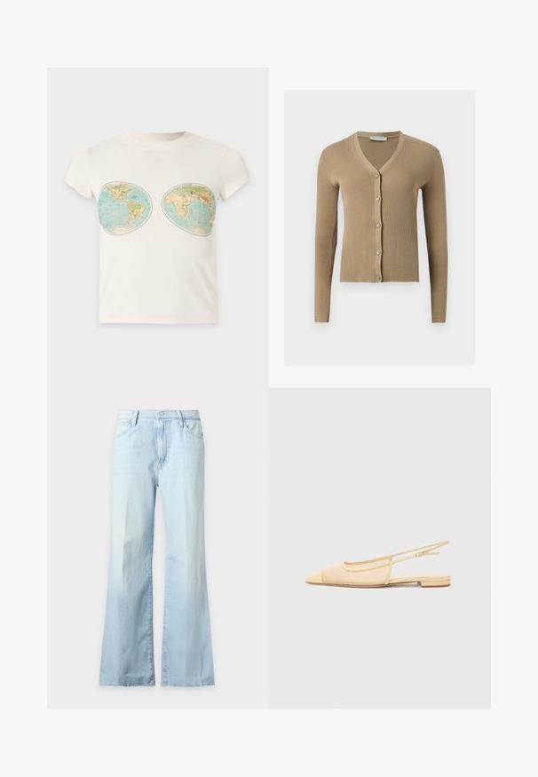 Cardigan beige en maille côtelée avec encolure en V, manches longues et cinq boutons à l'avant.; T-shirt blanc à manches courtes avec deux impressions de cartes du monde de style vintage placées sur la poitrine.; Jean en denim bleu clair taille haute, jambes larges, avec poches avant et fermeture par boutons, présenté sur fond blanc uni.; Chaussure plate slingback en beige clair avec une tige en maille, un bout pointu et un petit talon. Dotée d'une sangle ajustable pour un bon maintien.