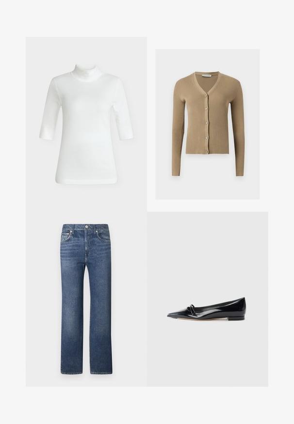 Cardigan beige en maille côtelée avec encolure en V, manches longues et cinq boutons à l'avant.; Haut blanc côtelé à manches mi-longues avec col roulé et coupe ajustée, présenté sur un fond gris neutre.; Jean en denim bleu foncé à coupe droite, avec une fermeture à boutons sur le devant, cinq poches, et un léger délavé le long des cuisses.; Chaussure plate en cuir verni noir avec un bout pointu, une petite lanière décorative et un petit talon carré. Texture lisse et design épuré.