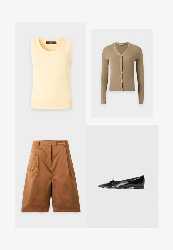 Cardigan beige en maille côtelée avec encolure en V, manches longues et cinq boutons à l'avant.; Débardeur en maille côtelée sans manches de couleur jaune pâle avec col rond et étiquette de marque noire à l'intérieur du col.; Shorts marron longueur genou avec poches latérales et passants de ceinture, en tissu lisse, présentés sur un fond gris clair uni.; Chaussure plate en cuir verni noir avec un bout pointu, une petite lanière décorative et un petit talon carré. Texture lisse et design épuré.
