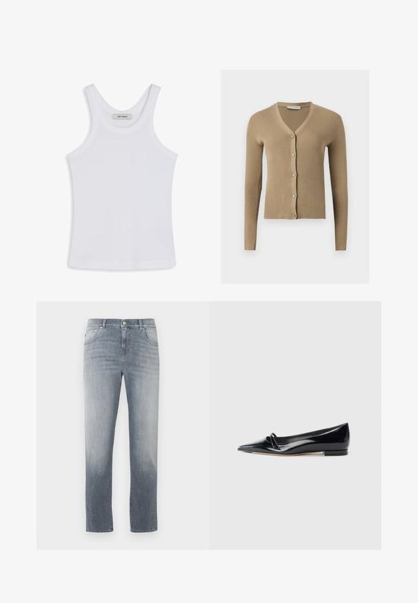 Beige ribstrikket cardigan med V-hals, lange ærmer og fem knapper foran.; Hvid tank top lavet af glat stof, med en rund halsudskæring og brede skulderstropper, med et mærke indeni, der står "IVY OAK."; Lyseblå denimjeans med en lige pasform. Indeholder et klassisk design med fem lommer og kontrasterende syningsdetaljer.; Sorte patentlæder flade sko med spids tå, lille dekorativ rem og lav blokhæl. Glat tekstur og strømlinet design.