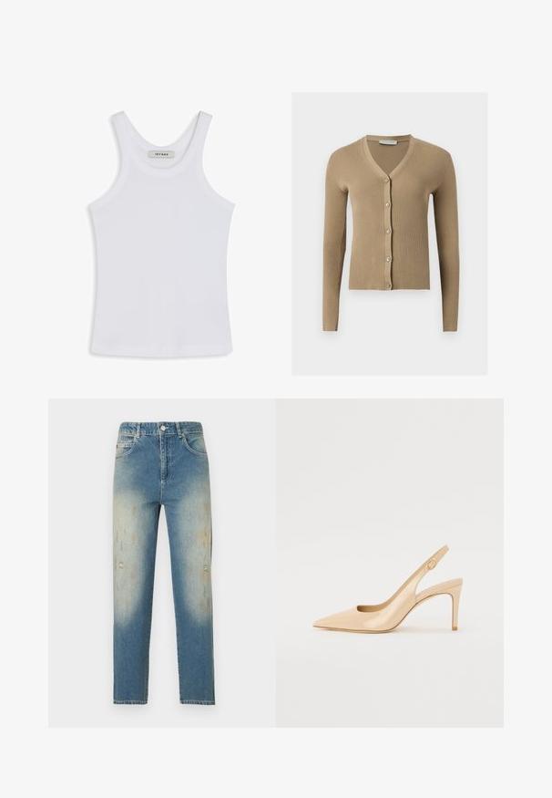 Beige ribstrikket cardigan med V-hals, lange ærmer og fem knapper foran.; Hvid tank top lavet af glat stof, med en rund halsudskæring og brede skulderstropper, med et mærke indeni, der står "IVY OAK."; Lyseblå jeans med højt liv og lige ben, med falmede og slidte detaljer på frontlårene og knæene.; Nude patenteret læder slingback hæl med spidse tæer, åben vamp og en tynd stiletto hæl. Har et cirkulært guldfarvet element på remmen.