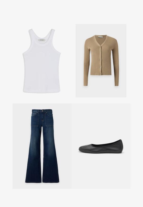 Cardigan beige en maille côtelée avec encolure en V, manches longues et cinq boutons à l'avant.; Débardeur blanc en tissu lisse, avec un col rond et des bretelles larges, comportant une étiquette à l'intérieur indiquant "IVY OAK".; Jean en denim bleu foncé à taille haute, jambes larges, poches plaquées devant et fermeture par bouton à la taille.; Ballerines en cuir noir avec un bout rond, texture lisse, détails de couture minimalistes et design de semelle flexible.
