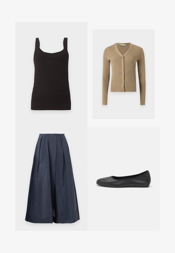 Cardigan beige en maille côtelée avec encolure en V, manches longues et cinq boutons à l'avant.; Débardeur noir côtelé sans manches avec encolure carrée et larges bretelles, avec un petit logo discret au centre devant.; Jupe midi bleu marine à taille haute, évasée et avec de légers plis sur un fond uni.; Ballerines en cuir noir avec un bout rond, texture lisse, détails de couture minimalistes et design de semelle flexible.
