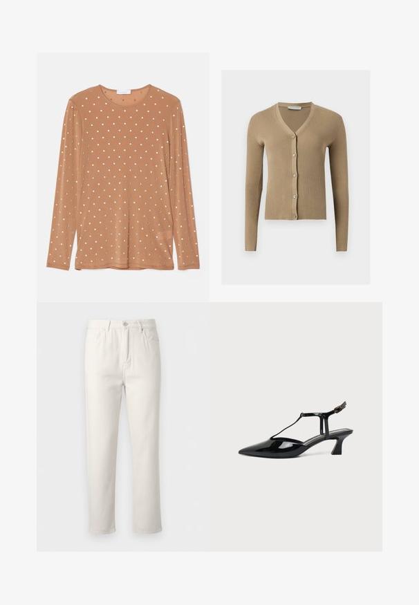 Beige ribstrikket cardigan med V-hals, lange ærmer og fem knapper foran.; Langærmet brun top med rund halsudskæring, prydet med sølvfarvede cirkulære paletter arrangeret i et prikket mønster.; Hvide jeans med lige ben, for- og baglommer, bærestropper samt lukning med knap og lynlås.; Sort laklæder spids tå slingback sko med T-rem og lav skrå blokhæl på hvid baggrund.