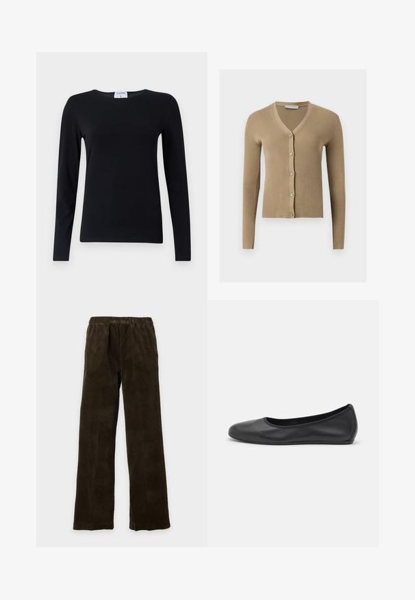 Beige geribbelde gebreide cardigan met V-hals, lange mouwen en vijf knopen aan de voorkant.; Zwart shirt met lange mouwen van zachte stof, met een ronde hals, rechte snit en minimale naden voor een frisse uitstraling.; Donkerbruine corduroy broek met elastische tailleband en rechte pijpen, plat gelegd op een effen lichte achtergrond.; Zwarte leren ballerina met een ronde neus, gladde textuur, minimale stikdetails en een flexibele zoolontwerp.