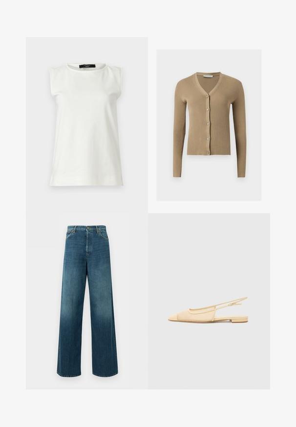 Cardigan beige en maille côtelée avec encolure en V, manches longues et cinq boutons à l'avant.; Haut blanc sans manches avec épaules rembourrées et encolure ronde, présenté à plat sur un fond clair.; Jean denim bleu à jambes larges, taille haute, fermeture devant par bouton et zip, et poches avant sur fond uni.; Chaussure plate slingback en beige clair avec une tige en maille, un bout pointu et un petit talon. Dotée d'une sangle ajustable pour un bon maintien.