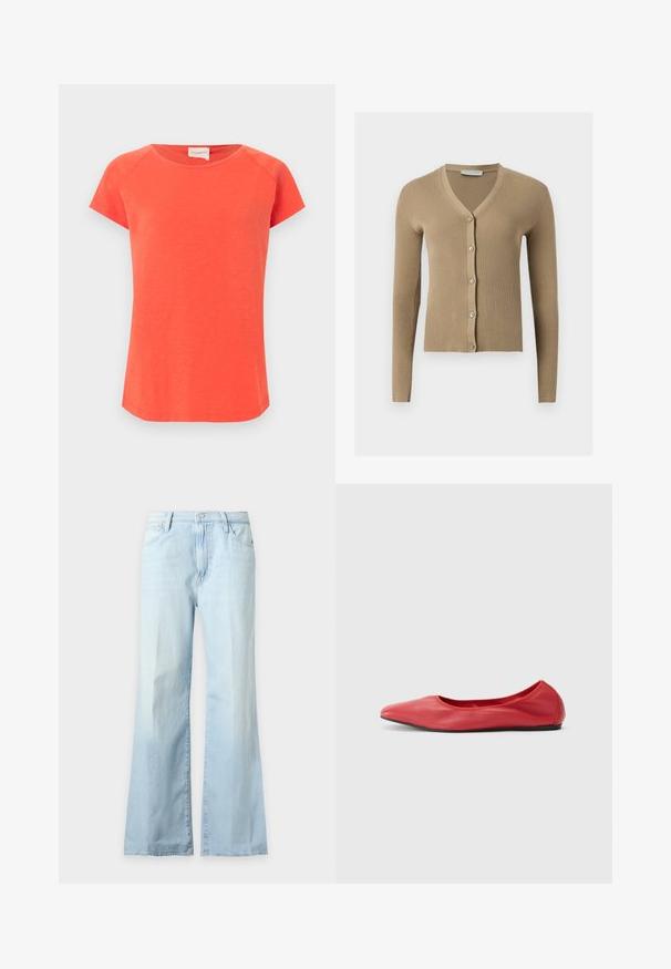 Cardigan beige en maille côtelée avec encolure en V, manches longues et cinq boutons à l'avant.; T-shirt uni orange vif à manches courtes avec encolure arrondie et couture visible sur les épaules et les manches, sur un fond clair.; Jean en denim bleu clair taille haute, jambes larges, avec poches avant et fermeture par boutons, présenté sur fond blanc uni.; Filippa K REY FLATS - Ballerines - bright red