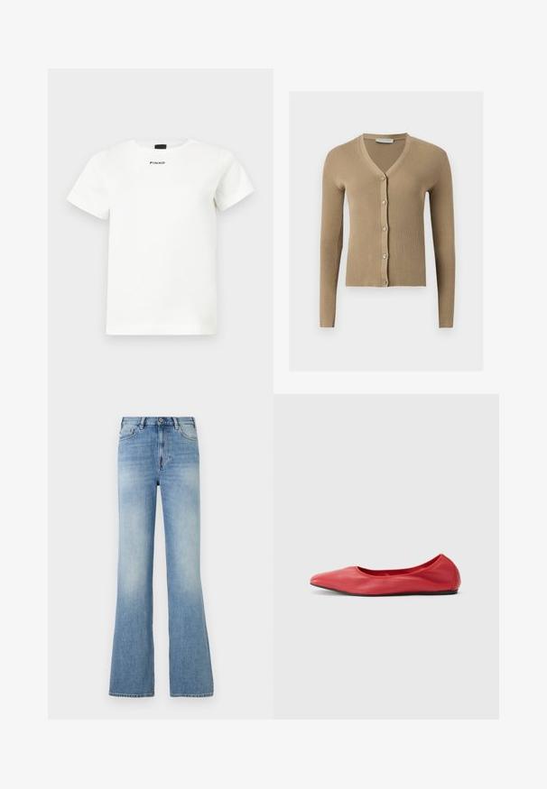 Cardigan beige en maille côtelée avec encolure en V, manches longues et cinq boutons à l'avant.; T-shirt blanc à manches courtes avec col rond, design minimaliste, et logo "PINKO" centré sous l'encolure.; Jean denim bleu clair taille haute avec bouton et fermeture éclair devant, cinq poches, jambes légèrement évasées et légère décoloration au niveau des cuisses.; Filippa K REY FLATS - Ballerines - bright red