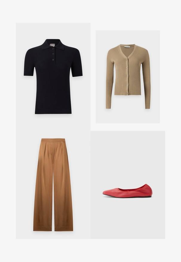 Cardigan beige en maille côtelée avec encolure en V, manches longues et cinq boutons à l'avant.; Polo noir à manches courtes avec une patte de boutonnage trois boutons et un col, présenté sur un fond clair uni.; Pantalon marron taille haute à jambes larges avec une texture lisse et des plis avant subtils sur un fond blanc uni.; Filippa K REY FLATS - Ballerines - bright red