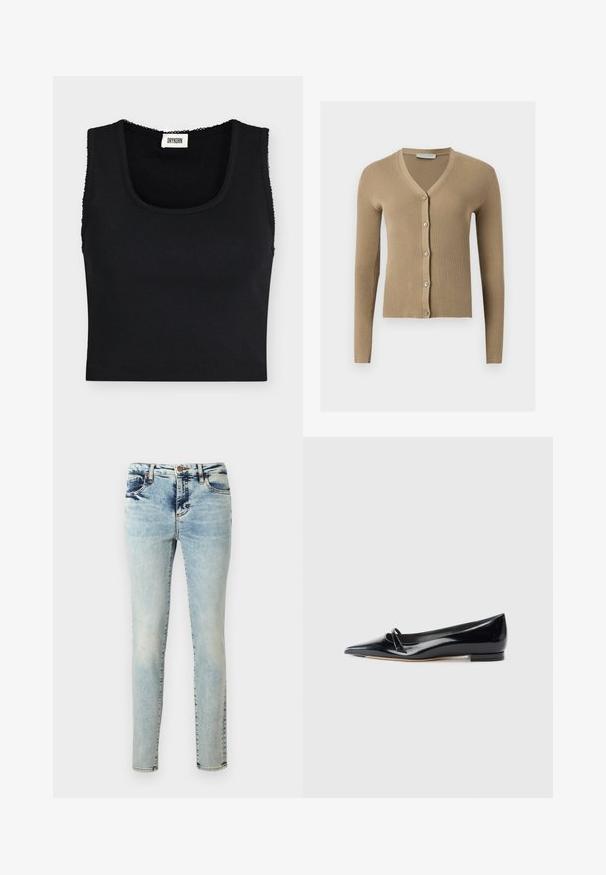 Cardigan beige en maille côtelée avec encolure en V, manches longues et cinq boutons à l'avant.; Débardeur court côtelé noir avec larges bretelles et encolure carrée, avec une petite étiquette blanche de la marque Drykorn à l'intérieur du col.; Jean skinny bleu clair avec délavage effacé, poches avant, fermeture par bouton, et logo discret sur le côté près de l'ourlet sur fond blanc.; Chaussure plate en cuir verni noir avec un bout pointu, une petite lanière décorative et un petit talon carré. Texture lisse et design épuré.