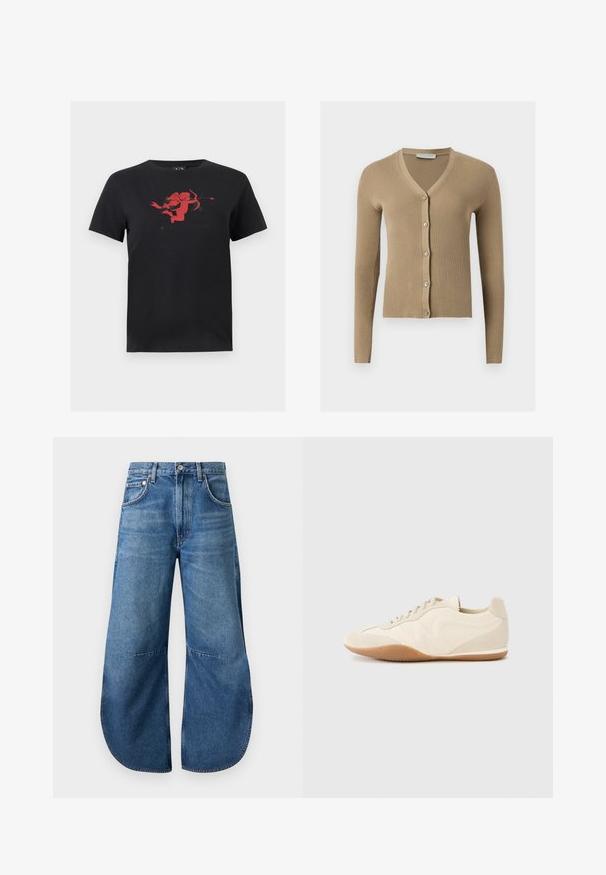 Cardigan beige en maille côtelée avec encolure en V, manches longues et cinq boutons à l'avant.; T-shirt noir à manches courtes avec un graphisme rouge d'un cupidon tenant un arc et une flèche, centré sur la poitrine.; Jean en denim bleu à jambes larges avec ourlets courbés, poches avant, passants de ceinture et fermeture par bouton.; Baskets beige clair avec une tige en cuir texturé, des panneaux latéraux texturés et une semelle en caoutchouc. Dotées d'un design fin et épuré ainsi que de lacets plats.