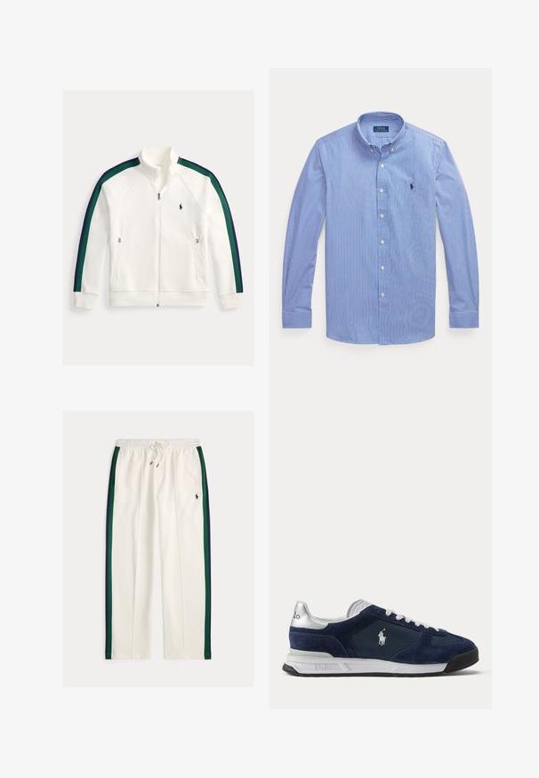 Weiße Reißverschlussjacke mit grünen und marineblauen Streifen entlang der Ärmel, Reißverschluss-Seitentaschen und kleinem marineblauem Logo auf der Brust.; Blau-weiß vertikal gestreiftes langärmliges Hemd mit Knopfleiste, Button-down-Kragen und Polo Ralph Lauren Logo auf der Brust.; Weiße Sweatpants mit Kordelzug, marineblauen und grünen Seitenstreifen und kleinem marineblauem Polo-Spieler-Logo am rechten Oberschenkel.; Herren Polo Sneaker in Marineblau und Weiß mit Velours- und Mesh-Einsätzen, weißen Schnürsenkeln und Polo-Logo an der Seite und Ferse.
