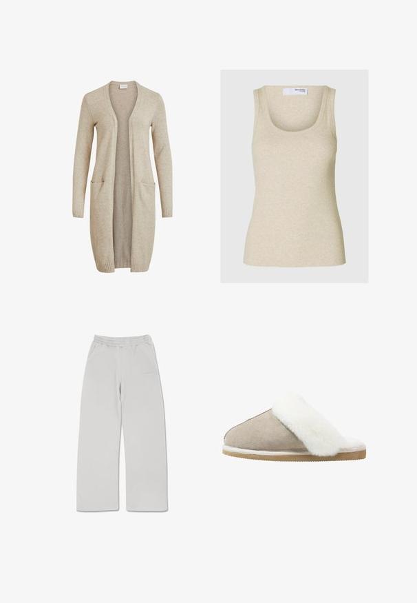 Beige lang cardigan lavet af blødt strikket materiale. Har en åben frontdesign, to forlommer, ribbede manchetter og en glat overflade.; Beige ribbet tank top med en rund halsudskæring og brede skulderstropper. Fremstillet af blødt stof, med en tætsiddende silhuet.; Lysegrå sweatpants lavet af blødt stof, med elastisk talje, to sidelommer og lige snit.; Suedelæders slipsko i lys beige med en hvid, fluffy pelskant over det øverste, med en struktureret ydersål for greb og komfort.