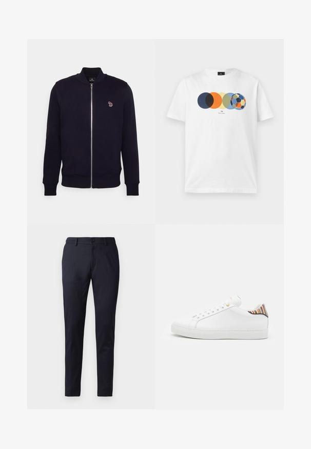 Sudadera con cremallera en tejido suave de color navy, con un cuello y puños de canalé, y un pequeño logo multicolor en el lado izquierdo del pecho.; Camiseta blanca de manga corta con gráfico de cinco círculos de colores superpuestos, el último semejando un balón de fútbol multicolor, y texto pequeño debajo.; Pantalones marinos de tela suave, con un corte ajustado, lazos para cinturón y un cierre de botón único. Piernas rectas con pliegues sutiles.; Zapatilla de cuero blanca con un acabado suave, que presenta un acento de rayas coloridas en el talón, ojal dorado y suela plana blanca.