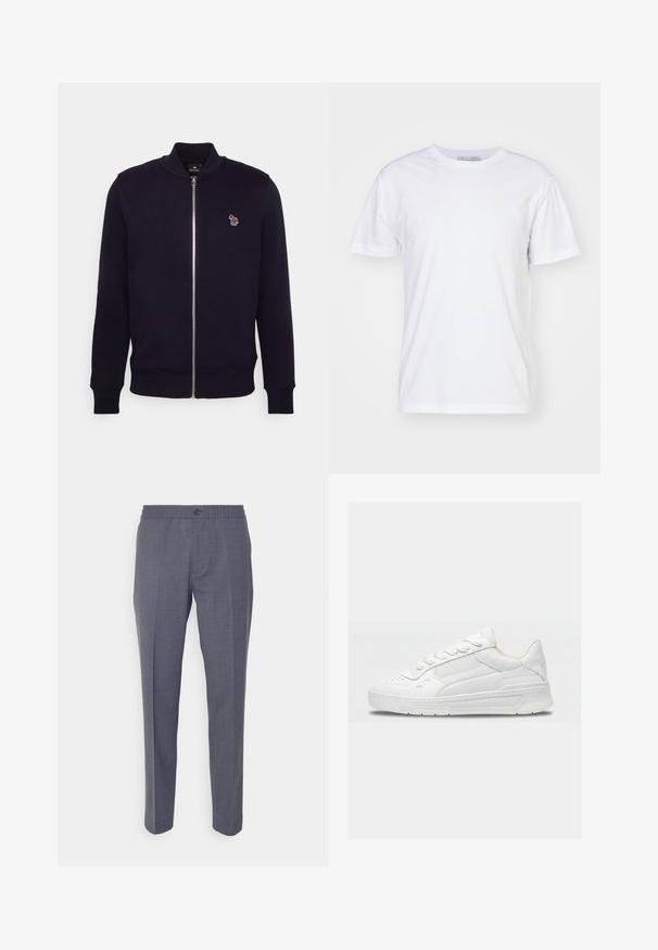 Marineblå zip-up sweatshirt i glat stof, med ribbet krave og manchetter, samt et lille flerfarvet logo på venstre bryst.; Hvid bomulds t-shirt med rund halsudskæring, korte ærmer og lige snit. Ingen mønstre eller udsmykninger, glat tekstur og enkel design.; Theory MAYER NEW TAIL - Bukser - medium charcoal; Hvid lavtop sneaker med perforerede detaljer og mesh sidepanel, med en tyk sål og snøredesign.