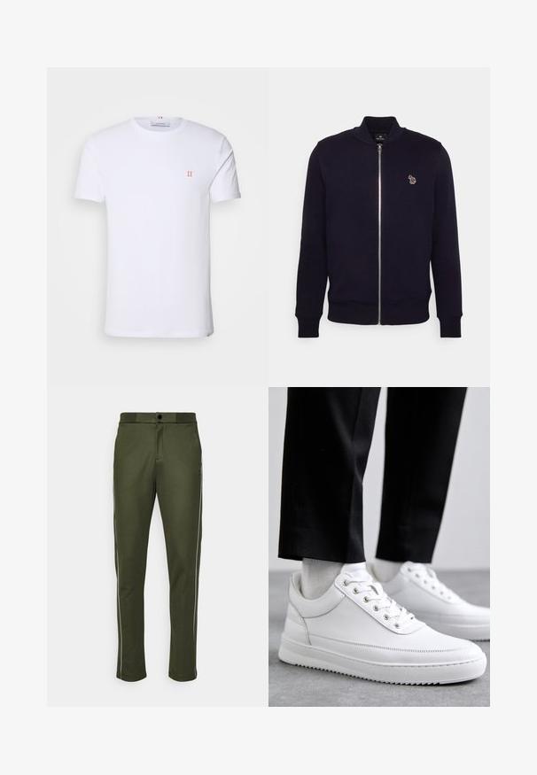 Námornícka mikina na zips z hladkej tkaniny, so splývavým golierom a manžetami, na ľavej hrudi s malým viacfarebným logom.; Biely bavlnený tričko s krátkymi rukávmi, s malým oranžovým logom "II" na ľavej hrudi a okrúhlym výstrihom. Jednoduchý dizajn a štruktúra.; Ron Dorff TRACK PANTS WHITE PIPING - Tepláky - dark oliver green; Biele kožené tenisky s plochou gumovou podrážkou, s hladkým povrchom, okrúhlou špičkou a kovovými očkami na šnúrky. Nosené s čiernymi nohavicami.