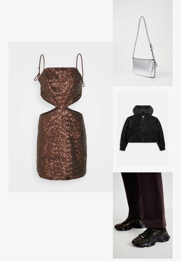Zwarte cropped hoodie met ritssluiting, voorzak in kangaroestijl en capuchon met trekkoord, tegen een witte achtergrond.; ROKH CUT OUT MINI DRESS - Cocktailjurk - brown; Zwarte sneakers met gouden spikkels, een gestructureerd oppervlak en een stevige zwarte zool. Gekoppeld aan bruine sweatpants met een slim-fit ontwerp.; Zilveren schoudertas met een strak ontwerp, gegraveerd logo patroon, verstelbare schouderband en een gladde metallic textuur. Met ritssluiting.