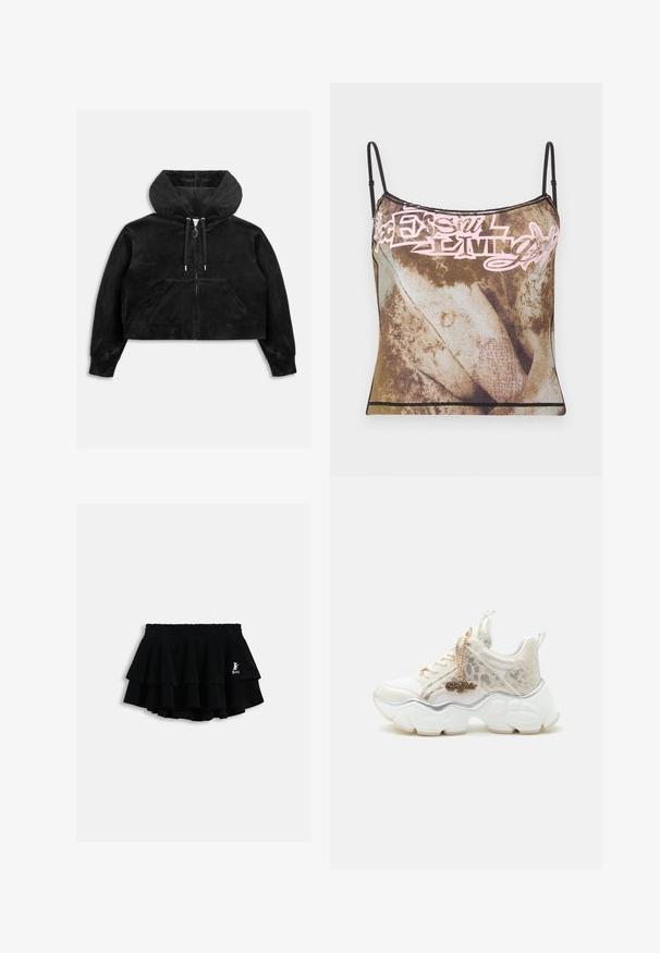 Sweat à capuche noir court zippé avec poche kangourou à l'avant et capuche à cordon de serrage sur fond blanc.; Camisole marron et beige teinté noué avec de fines bretelles noires ajustables et un motif de texte abstrait rose clair sur la poitrine.; Mini-jupe noire à volants avec taille élastique et petit logo blanc sur le côté droit, présentée sur un fond clair uni.; Baskets blanches épaisses avec détails imprimé léopard, semelle épaisse sculptée et breloque dorée "Buffalo" sur les lacets sur un fond clair uni.