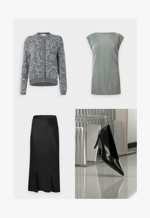 Marimekko VILLI PIIRTO - Ζακέτα - dark grey/off white; Αμάνικη ανοιχτό γκρι μπλούζα πλεκτή με ριμπ ύφανση, με λαιμόκοψη τύπου βάρκα και ίσια γραμμή στο κάτω μέρος.; Μαύρη σατέν μεσαία φούστα με ελαστική μέση. Λείο υλικό και απλός σχεδιασμός, ελαφρώς σ tapering στο στρίφωμα για μία ρευστή σιλουέτα.; Μαύρο γυναικείο παπούτσι με ψηλό τακούνι και μυτερή μύτη με χρυσό λογότυπο, τοποθετημένο σε μια ανακλαστική επιφάνεια κοντά σε χρωμιωμένο μεταλλικό οργανωτή αρχείων με έγγραφα.
