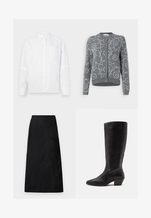 Marimekko VILLI PIIRTO - Cardigan - dark grey/off white; Hvid skjorte med krave, enkelt brystlomme, og lange ærmer med trykknapmanchetter. Glat tekstur, klassisk design.; DRYKORN AMBAR - A-snit nederdel - black; Sort læderstøvle til midtkalv med spids tå og lavt skråt hæl på en enkel lys baggrund.