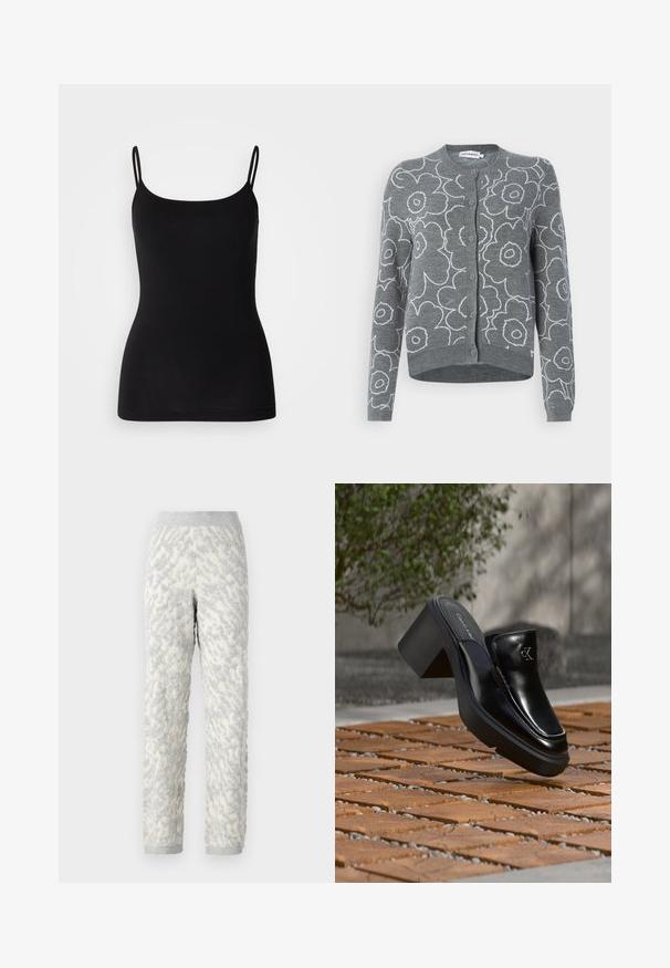 Marimekko VILLI PIIRTO - Ζακέτα - dark grey/off white; Μαύρη τοπ καμάκας με λεπτές ρυθμιζόμενες τιράντες, απλό λείο ύφασμα με ελαστικότητα και στενή γραμμή. Χωρίς σχέδια ή διακοσμητικά στοιχεία.; Υφασμάτινες παντελόνες lounge σε ελεφαντόδοντο με γκρι σχέδια, διαθέτοντας μαλακό ύφασμα, ελαστική μέση και ραμμένα μανίκια.; Μαύρο δερμάτινο slip-on mule από Calvin Klein με χοντρό τακούνι που ακουμπά σε ξύλινα πλακάκια σε εξωτερικό χώρο κοντά σε ένα πράσινο φυτό και γκρίζο τοίχο.