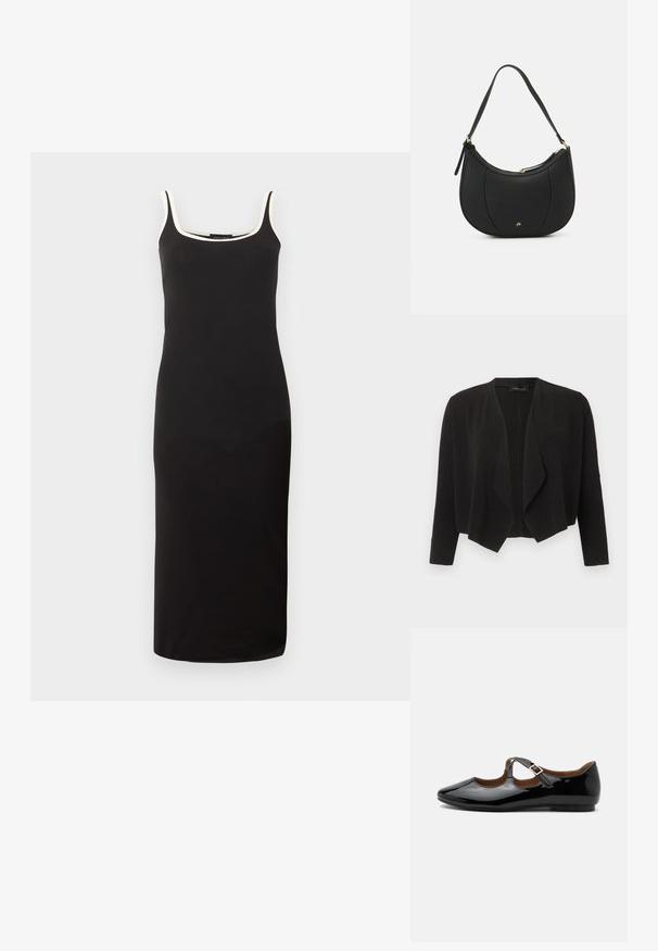 Cardigan noir ouvert à l'avant avec manches longues et col cascade drapé, en tissu texturé.; Robe midi noire sans manches avec bordure blanche le long du décolleté carré et fines bretelles, silhouette ajustée.; Chaussure plate Mary Jane en cuir verni noir avec deux découpes et une bride à boucle dorée sur fond blanc.; Sac à main en cuir noir avec une forme courbée, surface texturée, coutures avant et un logo doré. Il est doté d'une seule sangle ajustable.