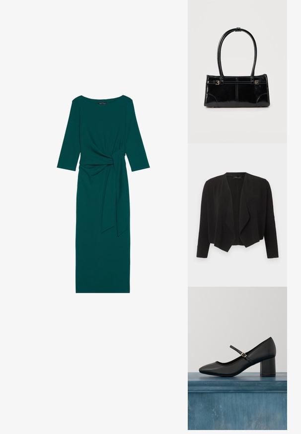 Sort cardigan med åben front og lange ærmer samt en draperet vandfaldskrave, lavet af tekstureret stof.; Teal langærmet kjole med rund halsudskæring, sammensamlet talje og bundet bælte detalje. Fremstillet af glat, strækbart stof.; Sort Mary Jane-sko med blokhæl og guldfarvet spænde, svævende over et glat betongulv i en minimalistisk indendørs setting.; Glansfuld sort rektangulær håndtaske med to tynde skulderremme og små guldbeslag foran.