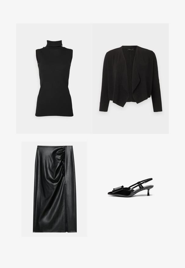 Cardigan noir ouvert à l'avant avec manches longues et col cascade drapé, en tissu texturé.; Top noir sans manches en maille côtelée, avec un col haut et une silhouette ajustée. Texture lisse avec un minimum de détails.; Jupe en cuir noir avec une texture lisse, présentant une section froncée sur un côté et une fente sur le côté pour un détail supplémentaire.; Talons aiguilles en cuir verni noir avec un bout pointu, un détail en nœud à l'avant et un petit talon stiletto. Les brides sont équipées de boucles ajustables.