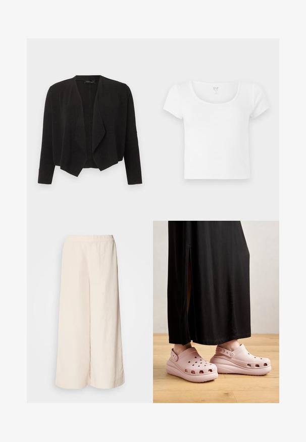Sort cardigan med åben front og lange ærmer samt en draperet vandfaldskrave, lavet af tekstureret stof.; Hvid kortærmet cropped t-shirt lavet af blødt bomuld, med rund halsudskæring og et enkelt design uden mønstre eller detaljer.; Cremefarvede vidde bukser med elastisk talje, der har en afslappet pasform og glat tekstur, velegnet til afslappet brug.; Lyserøde klipklappere med ventilationshuller, en tyk sål og en rygrem, parret med en sort lang nederdel og en baggrund af trægulv.