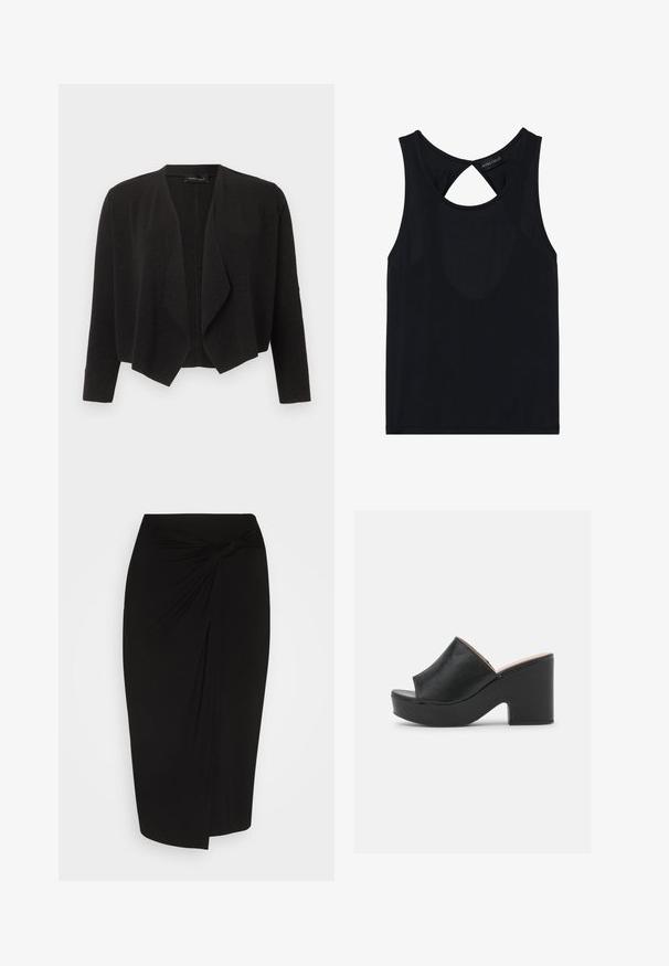 Sort cardigan med åben front og lange ærmer samt en draperet vandfaldskrave, lavet af tekstureret stof.; Sort ærmeløs top med rund hals, der har et skåret detalje på bagsiden. Lavet af glat, strækbart stof. Simpelt design uden mønstre.; Sort knælang nederdel i et blødt, strækbart stof, med en snoet knude detalje i taljen og en slank, tætsiddende silhuet.; Sorte læder open-toe mules har et bredt forreste strop og en chunky, høj platformhæl med en glat tekstur. Vist fra siden.