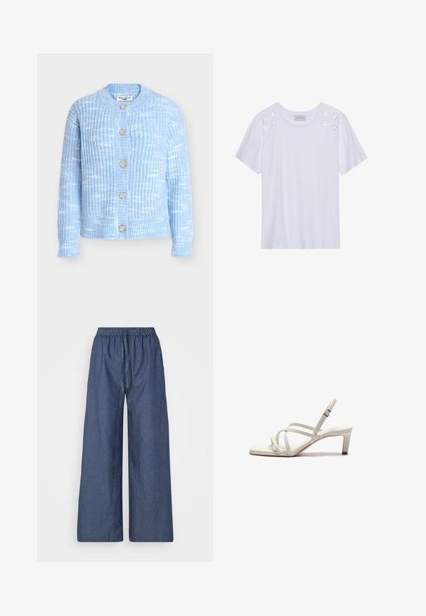 Cardigan tricoté bleu clair avec encolure ronde, manches longues, cinq boutons en bois sur le devant et un motif texturé.; T-shirt blanc à manches courtes, avec des broderies florales sur les épaules. Fabriqué en coton doux, col rond, coupe décontractée.; Pantalons amples légers à rayures bleues et blanches, avec une taille à cordon de serrage et un bandeau élastique, en tissu doux et à coupe décontractée.; Zign by Zalando Escarpins - off white