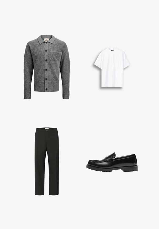 Cardigan en laine grise avec col, fermeture à boutons sur le devant, manches longues et poche poitrine. Présente un tissu texturé et un ourlet côtelé.; T-shirt blanc uni à manches courtes et col rond avec une coupe ample, présenté sur un fond blanc avec une ombre sur le côté gauche.; Pantalon noir à la texture lisse, design à jambes droites, fermeture à bouton et passants de ceinture. Présente un look minimaliste sans motifs visibles.; Mocassin en cuir noir avec une semelle en caoutchouc épaisse et un détail classique de bride à monnaie, vu de côté extérieur.
