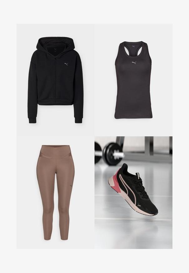 Sweat à capuche noir à fermeture éclair intégrale, manches longues, poche kangourou, et petit logo Puma sur la poitrine gauche.; Débardeur de sport noir avec un dos nageur, fabriqué en tissu lisse, présentant un petit logo gris au centre à l'avant.; Leggings de sport marron en tissu lisse et extensible avec une taille haute. Présente un petit logo noir au bas de la jambe gauche.; Chaussure de course Puma noire et rose suspendue au-dessus d'un sol de gym réfléchissant, avec des haltères flous en arrière-plan.