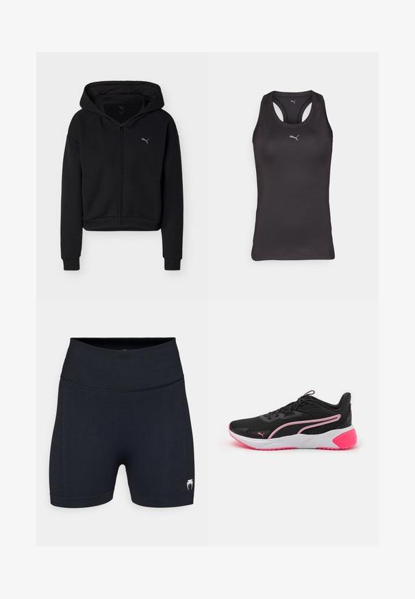Čierna mikina na zips s dlhými rukávmi, klokankovým vreckom a malým logom Puma na ľavej strane hrudníka.; Čierny športový tielko s pretečnou konštrukciou, vyrobené z hladkej látky, s malým šedým logom na prednej časti.; Čierne športové šortky s hladkým materiálom a sieťovými bočnými panelmi. Majú široký pás a malé logo na dolnej časti nohavice.; Čierne športové topánky s pr mesh hornou časťou, ružovými akcentami, bielou medzipodrážkou a výrazným logom. Majú ľahký dizajn a textúrovanú podrážku.