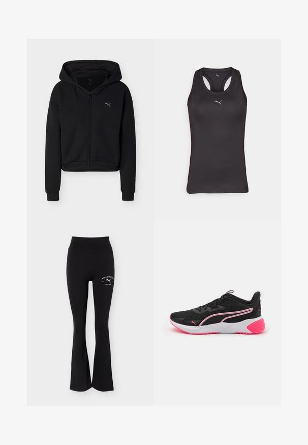 Sweat à capuche noir à fermeture éclair intégrale, manches longues, poche kangourou, et petit logo Puma sur la poitrine gauche.; Débardeur de sport noir avec un dos nageur, fabriqué en tissu lisse, présentant un petit logo gris au centre à l'avant.; Pantalon de sport noir évasé avec taille haute et logo blanc Puma Athletics sur la partie supérieure de la cuisse.; Chaussures de sport noires avec une tige en mesh, des accents roses, une semelle intermédiaire blanche et un logo distinctif. Caractérisées par un design léger et une semelle extérieure texturée.