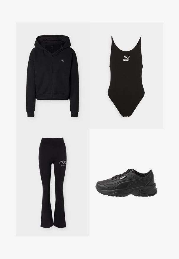 Sweat à capuche noir à fermeture éclair intégrale, manches longues, poche kangourou, et petit logo Puma sur la poitrine gauche.; Maillot de bain une pièce noir avec un décolleté arrondi, des bordures blanches et un logo Puma blanc centré sur la poitrine. Tissu doux et extensible.; Pantalon de sport noir évasé avec taille haute et logo blanc Puma Athletics sur la partie supérieure de la cuisse.; Chaussures de sport noires en cuir lisse, avec un col rembourré, un bout rond, des lacets et le logo Puma sur le côté.