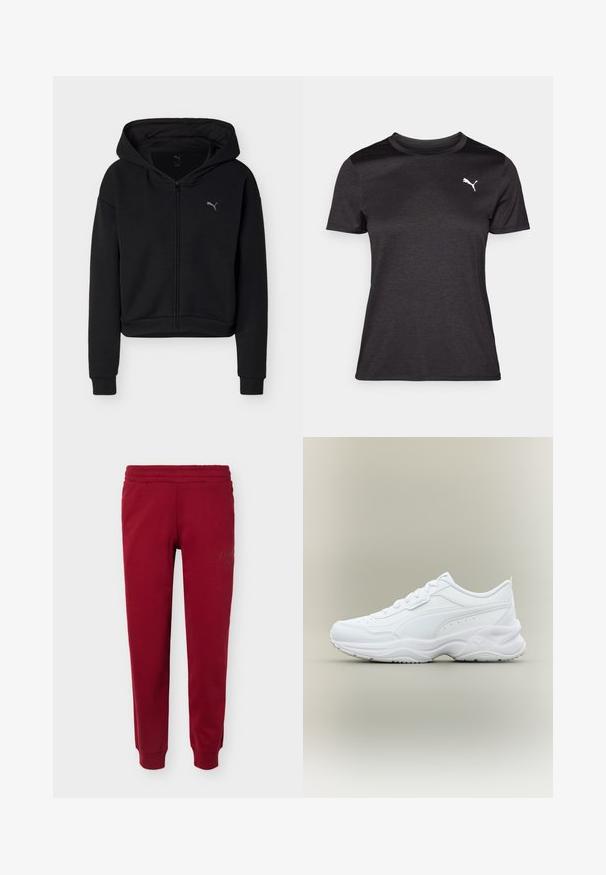 Sweat à capuche noir à fermeture éclair intégrale, manches longues, poche kangourou, et petit logo Puma sur la poitrine gauche.; T-shirt de sport noir à manches courtes, col rond, avec un logo blanc sur la poitrine. Texture lisse et coupe ajustée.; Pantalon de jogging rouge avec taille élastique et chevilles resserrées, présentant une broderie discrète du logo sur la partie supérieure de la cuisse.; Baskets blanches basses avec lacets à l'avant, semelle texturée et dessin discret cousu sur une matière supérieure lisse.