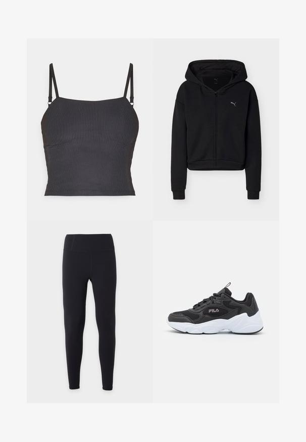Sweat à capuche noir à fermeture éclair intégrale, manches longues, poche kangourou, et petit logo Puma sur la poitrine gauche.; Camisole noire côtelée avec des bretelles fines et réglables et un design ajusté, présentant une texture lisse et un décolleté droit.; Leggings noirs taille haute, pleine longueur, avec une finition lisse, présentés à plat sur un fond blanc uni sans logos ni motifs visibles.; Chaussure de sport noire en matériau mesh et synthétique, avec une semelle en caoutchouc blanche, un design arrondi et un logo bien visible sur le côté.