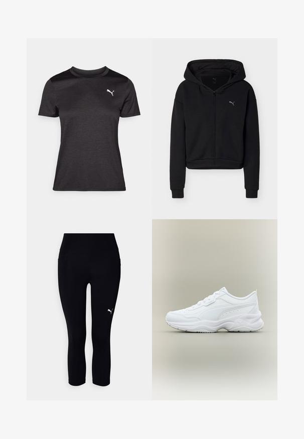 Sudadera negra con cremallera completa, mangas largas, bolsillo tipo canguro y pequeño logo de Puma en el pecho izquierdo.; Camiseta deportiva negra de manga corta, con escote redondo y un logo blanco en el pecho. Textura suave y forma ajustada.; Leggings capri negros hechos de tela elástica, con una cinturilla alta y un pequeño logo blanco en el lado izquierdo. Textura suave.; Zapatilla deportiva blanca de perfil bajo con cierre de cordones delantero, suela texturizada y diseño de costuras sutil en el material superior liso.
