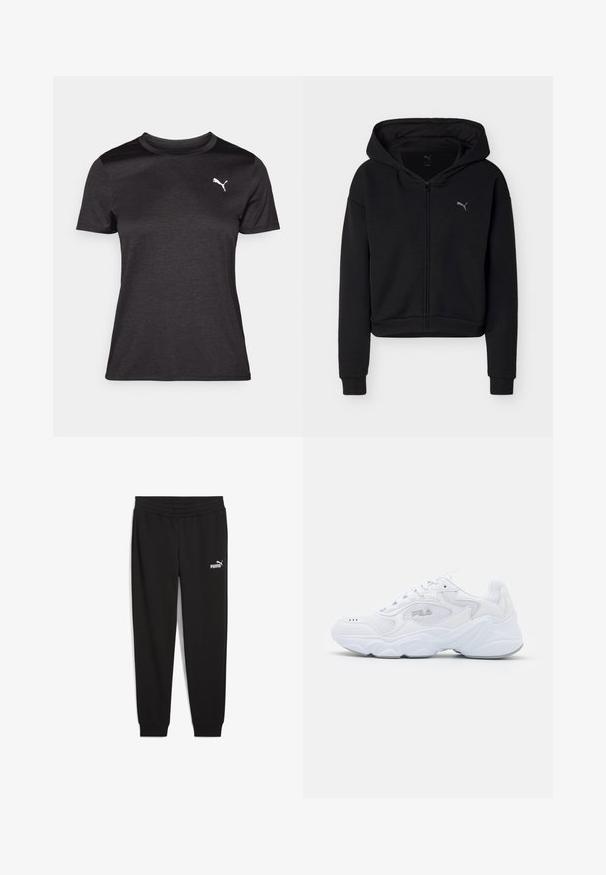 Sudadera negra con cremallera completa, mangas largas, bolsillo tipo canguro y pequeño logo de Puma en el pecho izquierdo.; Camiseta deportiva negra de manga corta, con escote redondo y un logo blanco en el pecho. Textura suave y forma ajustada.; Pantalones deportivos negros de tela suave, con una cintura elástica y puños ajustados. Incluye un logo blanco de Puma en la pierna izquierda.; Zapatilla deportiva blanca con parte superior de malla texturizada, cuello acolchado y suela gruesa. Presenta un logo en el lateral y cierre con cordones.