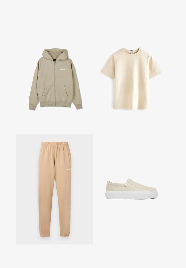 Beige hoodie met ritssluiting, voorzakken, lange mouwen, geribbelde manchetten en het "PEGADOR"-logo op de linkerborst.; Beige kortekolen t-shirt met een ronde hals, gemaakt van zachte stof met een subtiele textuur en een relaxte pasvorm. Geen zichtbare logo's.; Beige trainingsbroek met een elastische tailleband, taps toelopende benen en zijzakken. Bevat kleine witte tekst "PEGADOR" op de linker bovenbeen.; Beige slip-on sneaker met dikke witte rubberen zool en gestructureerd stoffen bovenwerk op een effen witte achtergrond.
