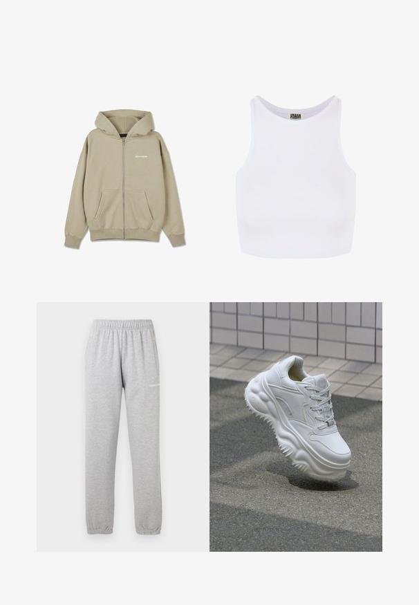 Beiger Kapuzenpullover mit Reißverschluss, Vordertaschen, langen Ärmeln, gerippten Bündchen und "PEGADOR"-Logo auf der linken Brust.; Weißes, geripptes, kurzes Tanktop mit breiten Trägern und einem runden Ausschnitt. Hat eine weiche Textur und ein minimalistisches Design ohne Muster.; Graue Sweatpants aus weichem Material, mit einem elastischen Bund, Bündchen an den Knöcheln und einer Seitentasche. Logo auf dem linken Oberschenkel aufgedruckt.; Weiße Leder-Sneaker mit einer massiven Sohle, strukturierten Details und Schnürverschluss. Verfügt über geformte Akzente und eine glatte Oberfläche.