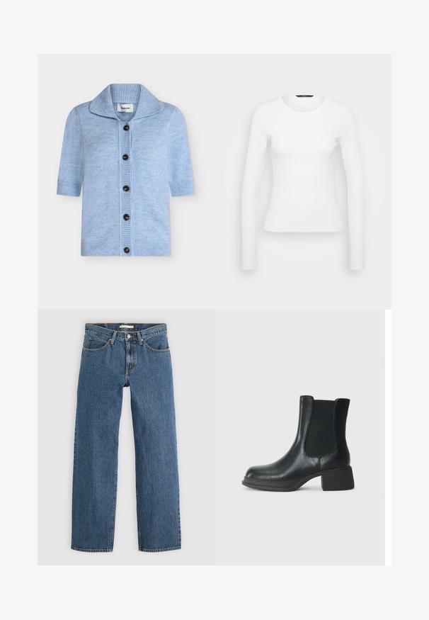 Hellblauer Strick-Cardigan mit kurzen Ärmeln, weitem Kragen und fünf dunklen Knöpfen auf der Vorderseite, mit gerippten Bündchen und Saum.; Weißes langärmeliges, geripptes Shirt mit einem runden Halsausschnitt und taillierter Silhouette. Glatte Textur mit einem schlichten Design, ohne Muster oder Akzente.; Blaue Jeans aus Denim mit geradem Schnitt, fünf Taschen, Knopfverschluss und kontrastierenden Nähten an den Säumen.; Schwarze Leder-Stiefelette mit elastischen seitlichen Einsätzen, runder Zehenpartie und niedrigem Blockabsatz. Die Oberfläche hat eine glatte Textur und minimalistische Details.