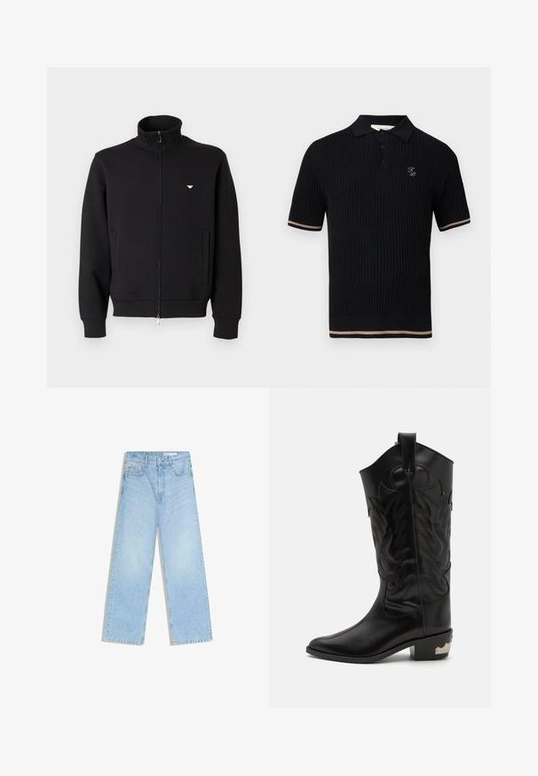 Schwarzer Sweatshirt mit Reißverschluss und hohem Kragen, ausgestattet mit zwei Vordertaschen und einem kleinen goldenen Emblem auf der linken Brust. Weiche Stoffstruktur.; Schwarzes, geripptes Polohemd mit kurzen Ärmeln und drei Knöpfen, beige Streifen an Ärmelsäumen und Saum sowie kleinem goldenem "FP"-Logo auf der linken Brust.; Hellblaue, hoch taillierte Jeans mit weitem Bein, vorderen Taschen, Gürtelschlaufen und Knopfverschluss.; Schwarze Leder-Cowboy-Stiefel mit filigranen eingestanzten Designs, spitzer Zehenform und niedrigem, gestapeltem Absatz mit metallischen Akzenten.