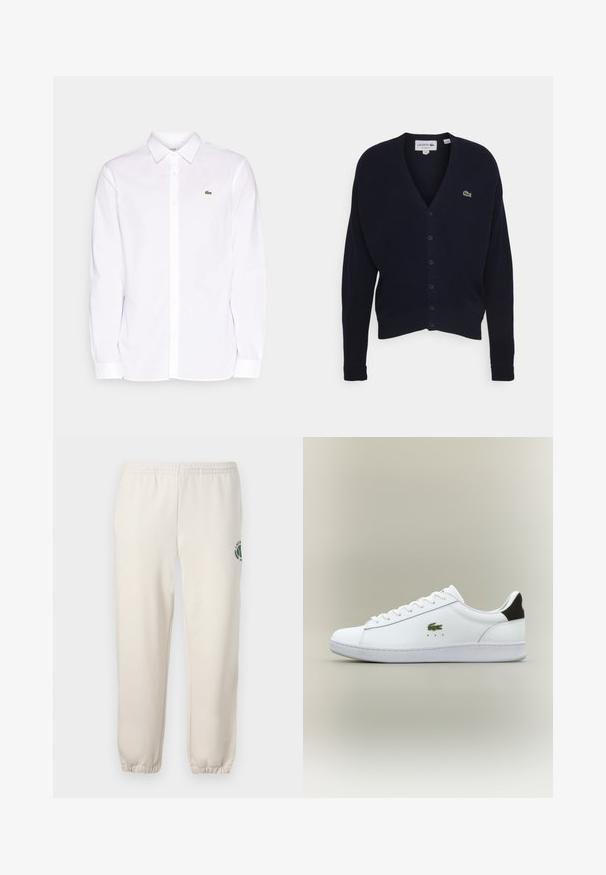 Cárdigan azul marino hecho de un tejido suave, con escote en V, mangas largas, seis botones de cierre y un pequeño logo verde en el pecho.; Camisa blanca de manga larga hecha de algodón, que presenta un collar tipo button-down, un logo bordado verde en el lado izquierdo del pecho y puños rectos.; Pantalones de chándal de color beige claro, hechos de algodón, con una cinturilla elástica, puños acanalados y un logo verde con diseño de hoja en la pierna izquierda.; Zapatilla blanca de cuero con un acabado suave, que presenta un logo de cocodrilo bordado en verde, suela blanca plana y acento en negro en el talón.